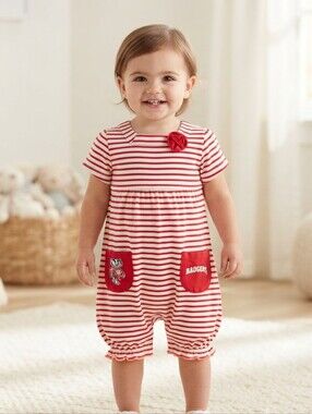The Brand Label 12M Red and White Striped Wisconsin Badgers Romper